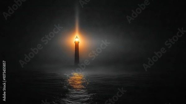 Fototapeta   A lighthouse pierces through a foggy night's veil, its beam guiding ships safely