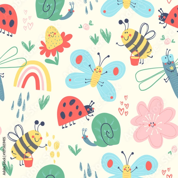 Fototapeta Vector pattern with happy baby bugs