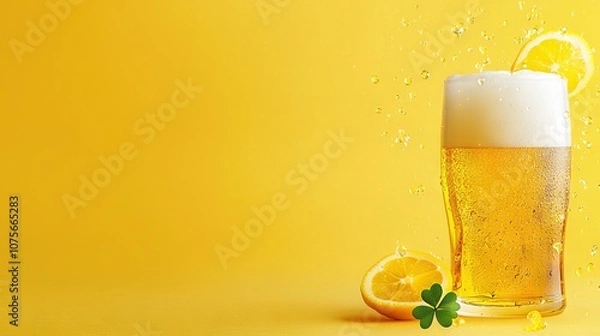 Fototapeta  A glass of beer with a lemon slice and droplets of water on a yellow background