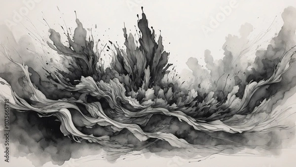 Fototapeta Dynamic black and white abstract art with fluid lines and expressive splashes