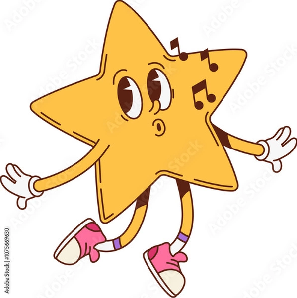 Fototapeta Groovy star geometric figure character. Preschool kids education basic shape cute cartoon retro character, kindergarten child learn whistling and dancing star figure cheerful groovy vector personage