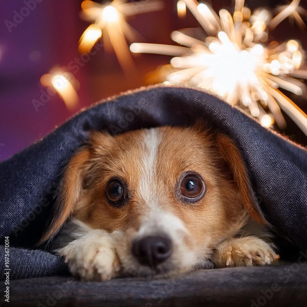 Obraz A frightened dog hiding under blankets, scared of fireworks