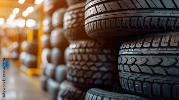 Fototapeta A large stack consisting of a bunch of tires is piled on one another