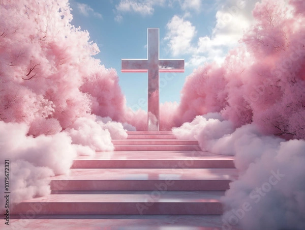 Fototapeta Pink Stairway to Cross Surrounded by Blossoming Trees and Clouds, Serene Religious Landscape with Soft Pink and White Hues Under Blue Sky