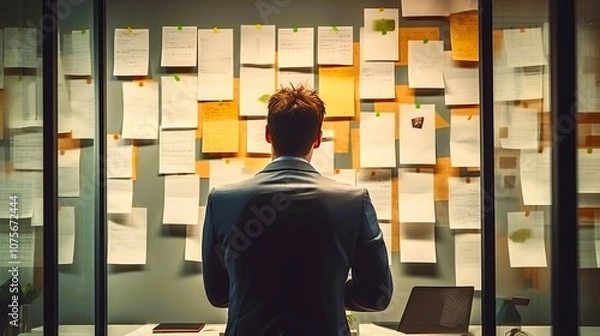 Fototapeta A formal man observes a wall filled with colorful sticky notes