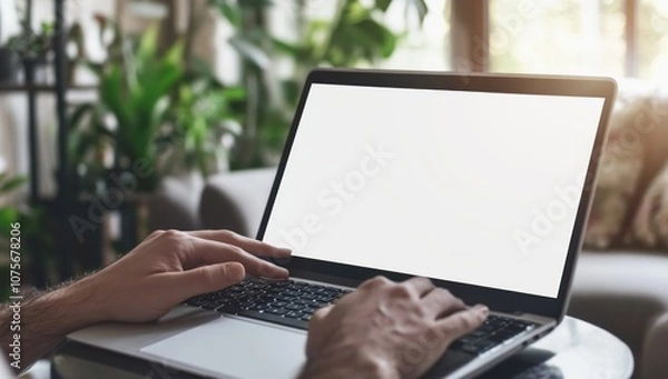 Fototapeta Man Using Laptop Computer with White Screen Mockup