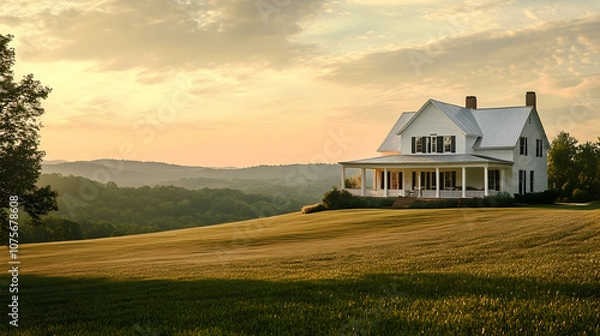 Obraz Luxury white Modern Farmhouse in Tennessee with Panoramic Views of Rolling Hills and Contemporary Rustic Design