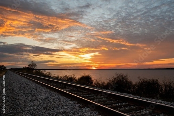 Fototapeta Railroad tracks leading off into the distance along the shore of a lake as the sunset fills the sky with fiery yellow and orange clouds.