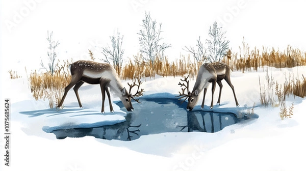 Fototapeta Two reindeer stand at a frozen pond in a snowy meadow, their antlers touching as they appear to meet peacefully in the quiet winter landscape.