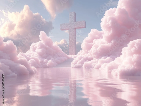 Fototapeta Cross with Pink Clouds and Reflective Water, Serene Religious Scene with Soft Pastel Colors and Tranquil Atmosphere Over Calm Water