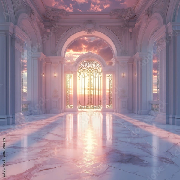 Fototapeta Luxurious Hallway with Marble Floors and Ornate Gate at Sunset, Serene Architectural Scene with Pink and Gold Accents and Reflections of Sunlight