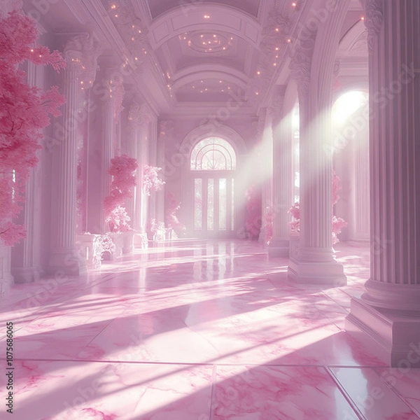 Fototapeta Luxurious Pink Hallway with Marble Floors and Sunlight Beams, Elegant and Dreamlike Scene with Soft Pink Hues and Ornate Details in a Serene Atmosphere
