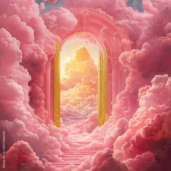 Fototapeta Majestic Golden Gate Surrounded by Pink Clouds and Sunlight, Dreamlike Entrance with Ornate Details in a Soft Pink and Gold Heaven Scene
