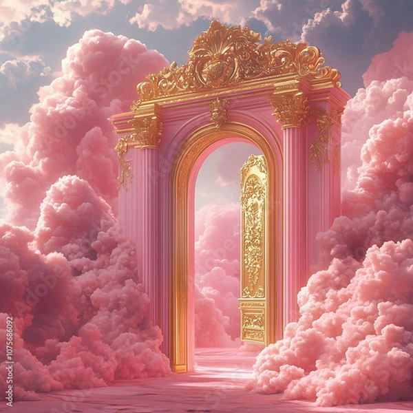 Fototapeta Golden Archway with Pink Columns Surrounded by Clouds, Elegant Fantasy Scene with Ornate Gold and Pink Architecture in a Surreal Heavenly Setting