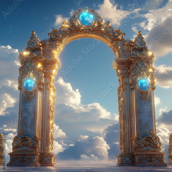 Fototapeta Majestic Golden Archway with Blue Gemstones in Cloudy Sky, Ornate Fantasy Entrance with Intricate Details and Regal Design in a Heavenly Setting
