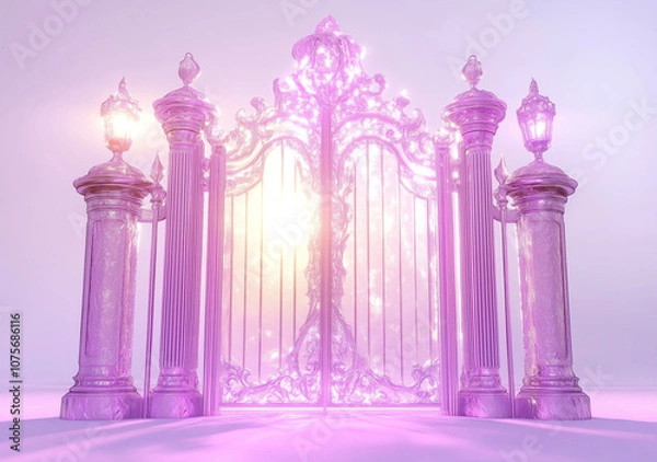 Fototapeta "Ornate Light Purple Gate with Glowing Light, Elegant 3D Rendered Entrance with Decorative Columns and Vintage Floral Design