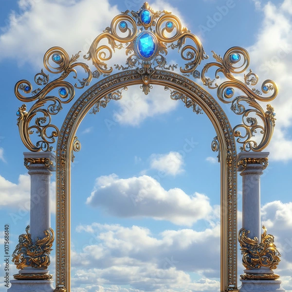 Fototapeta Golden Archway Decorated with Blue Gemstones Against a Cloudy Sky, Majestic Ornate Arch with Intricate Designs and Marble Columns in a Dreamlike Setting