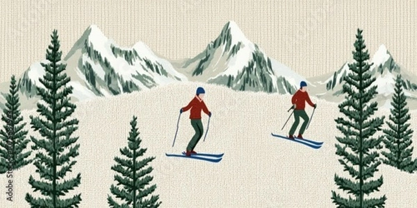 Fototapeta vintage ski sweater design on a beige hand-knitted background