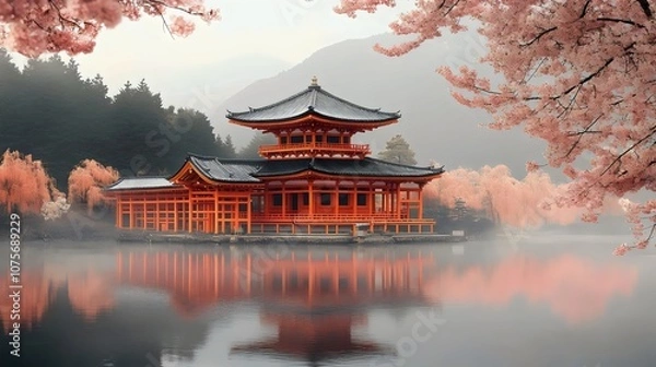 Fototapeta A beautiful red building with a large pond in front of it