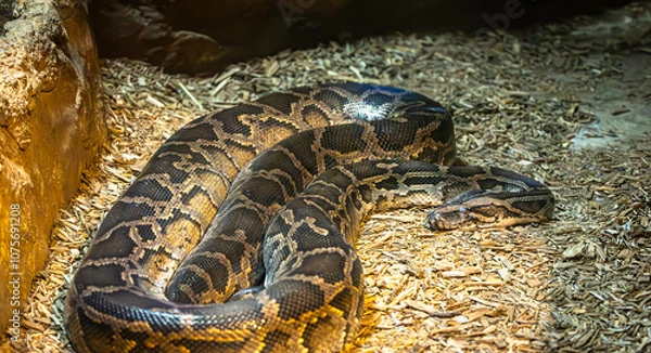 Obraz Burmese Python coiled on the ground in a zoo vivarium. Native to Southeast Asia they are an invasive species in Florida. They prey on local species which have no naturally developed defense from them.