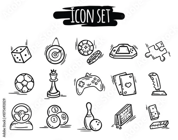 Fototapeta Black and white vector set of hand drawn icons of board games, entertainment and leisure. Simple signs and symbols for design, design elements for website, application, flyer