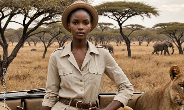 Fototapeta A woman in a safari outfit stands in a jeep while on safari
