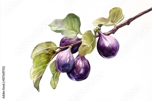 Obraz A watercolor illustration of four purple figs on a branch isolated on a white background