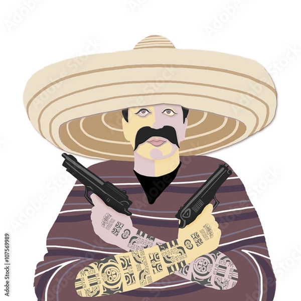 Obraz Mexican, hat, gun, gun, tattoo, poncho
