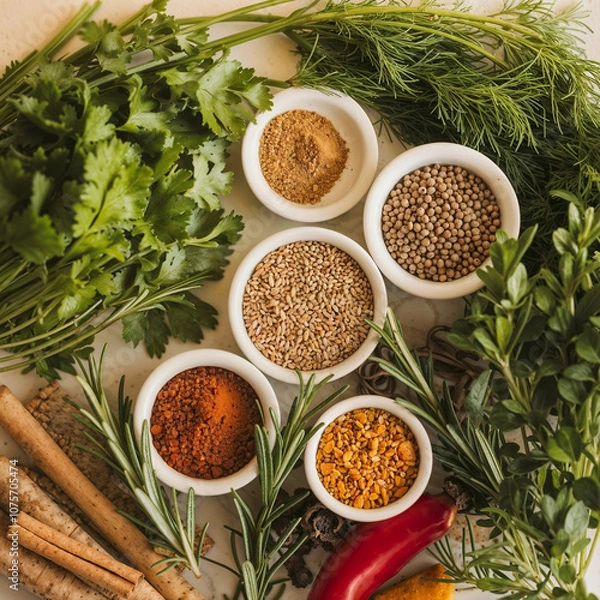 Fototapeta A vibrant arrangement of fresh herbs, spices, and seeds on a light-colored surface, showcasing natural culinary ingredients like parsley, dill, cinnamon, cumin, and lentils