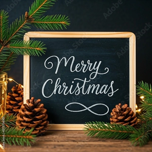 Fototapeta Rustic Chalkboard 'Merry Christmas' with Pinecones