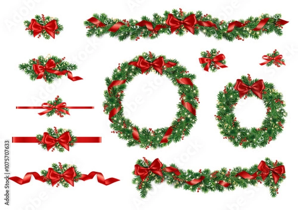 Fototapeta Christmas tree garland. Realistic pine tree branches with red bow and ribbons. Decoration for holiday banners, party posters, cards, headers, social media. Transparent background in vector file.