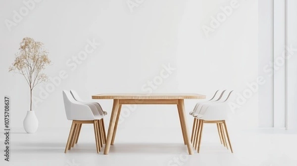 Obraz Minimalist rectangular dining table, smooth wooden texture with fabric cushion chairs, arranged symmetrically, placed on pure white background