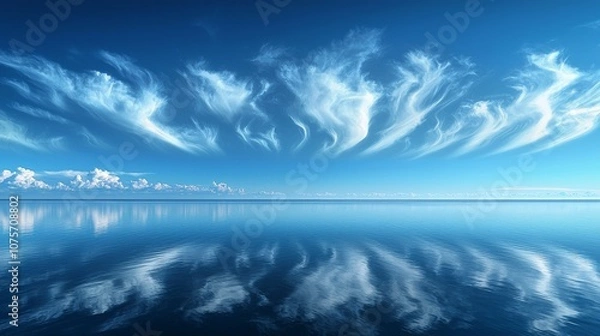 Obraz Serene ocean view with reflective water and wispy clouds against a clear blue sky.