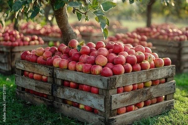 Obraz Many large wooden fruit crates filled with many apples