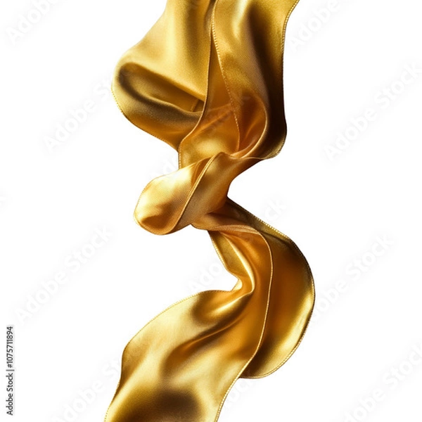 Fototapeta Gold silk flowing ribbon fabric swirl wave isolated on transparent and white background. Vertical. 