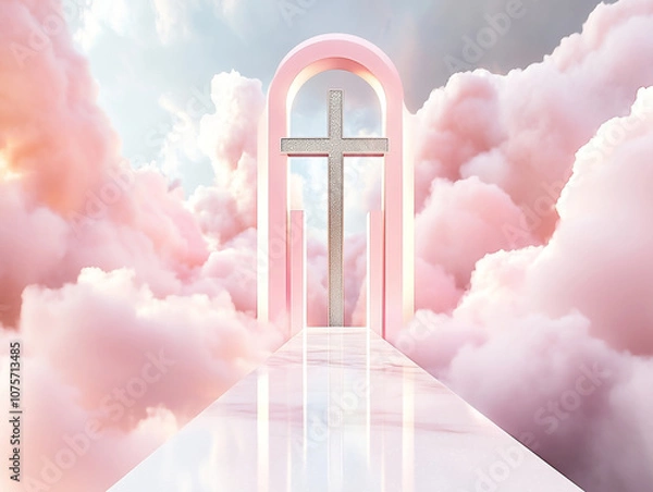 Fototapeta Modern Pink Archway with Cross and Surrounding Clouds, Serene and Minimalist Design in a Pastel Heavenly Setting with Soft Reflections and Tranquil Atmosphere