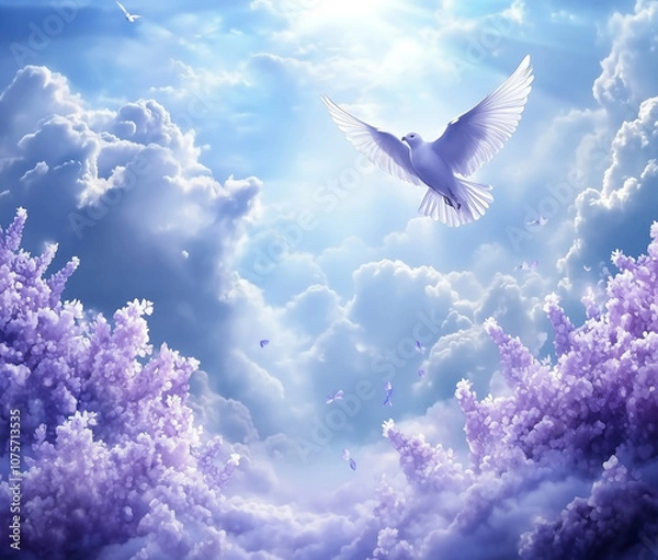 Fototapeta White Dove Flying in a Bright Blue Sky Surrounded by Lavender Flowers, Peaceful Scene with Sunlight and Soft Clouds in a Heavenly Garden Setting