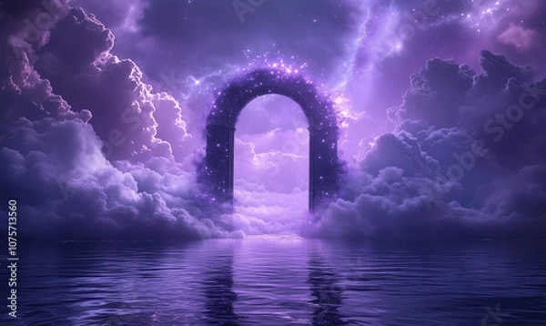 Fototapeta Enchanting Lavender Cloud Archway with Starry Sky Reflections, Mystical Fantasy Scene with Ethereal Glow and Surreal Nighttime Setting Over Calm Waters