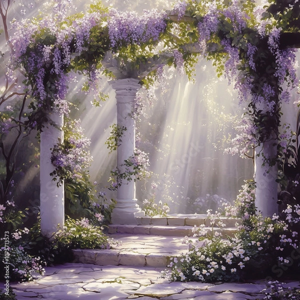 Fototapeta White and Lavender Garden Archway with Sun Rays, Romantic and Serene Floral Scene with Ivy-Clad Columns and Soft Morning Light