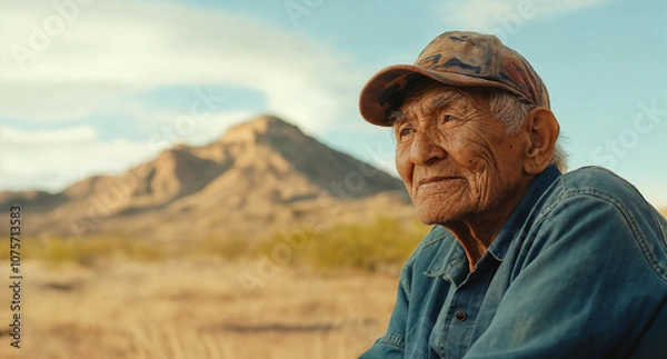 Fototapeta Portrait of a senior Native American Indian man in front of a desert landscape