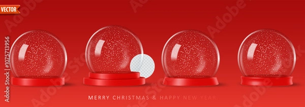 Obraz Minimalist snow globe on a red background with smooth reflective glass surface, ideal for holiday design templates. Vector illustration