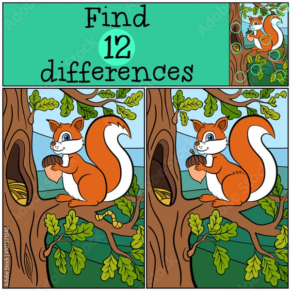 Fototapeta Children games: Find differences. Little cute squirrel stands on