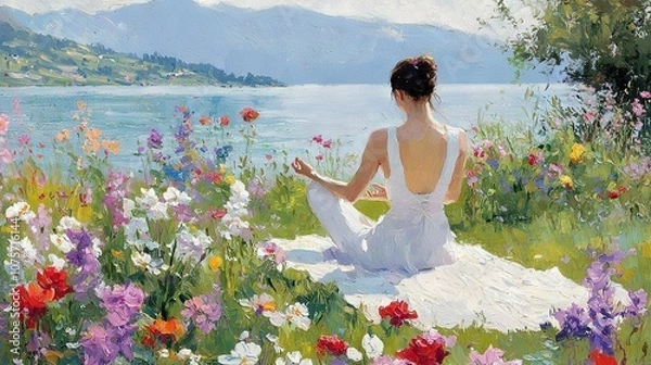 Obraz   Woman in White Dress Sitting in Field of Flowers with Lake in Background