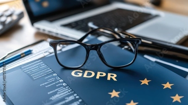Fototapeta GDPR Compliance Concept with Glasses on Document and Laptop in Office Setting Highlighting Data Protection and Privacy Regulations