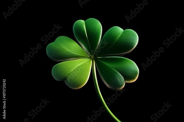 Fototapeta Close-Up of a Four-Leaf Clover on Black. A detailed close-up of a vibrant green four-leaf clover isolated on a black background, symbolizing luck, fortune, and positivity.
