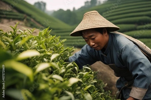 Fototapeta Tea Picking Worker Harvesting Leaves in Garden. A close-up of a tea worker harvesting leaves in a lush green tea garden with focus on fresh tea shoots.
