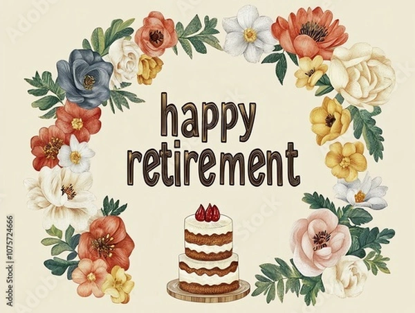 Obraz retirement card for coworker at workplace, vintage flower pattern with layered cake on beige background