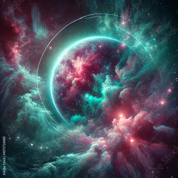 Fototapeta “Vibrant Galactic Scene with Nebulas and Glowing Planet