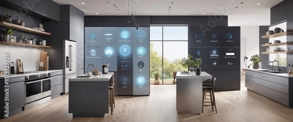 Obraz Showcase the power of the Internet of Things with a visually stunning image of a smart home filled with various connected devices and appliances AI, such as smart refrigerators, coffee makers