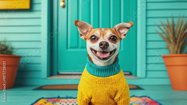 Fototapeta A cheerful dog in a colorful sweater sits on a vibrant porch, with potted plants and a bright door creating a welcoming atmosphere.